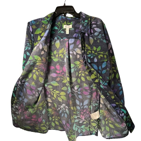 D & Co Button Up Shirt Multicolor Leaf Print Long Sleeve Large Denim Co Roll Tab - Picture 5 of 14